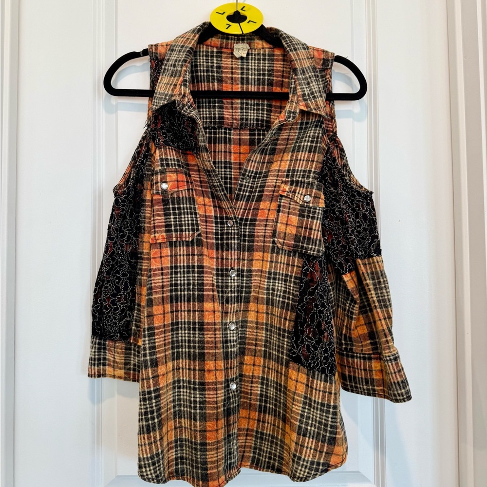 Plaid Cutout Shoulder Flannel Top